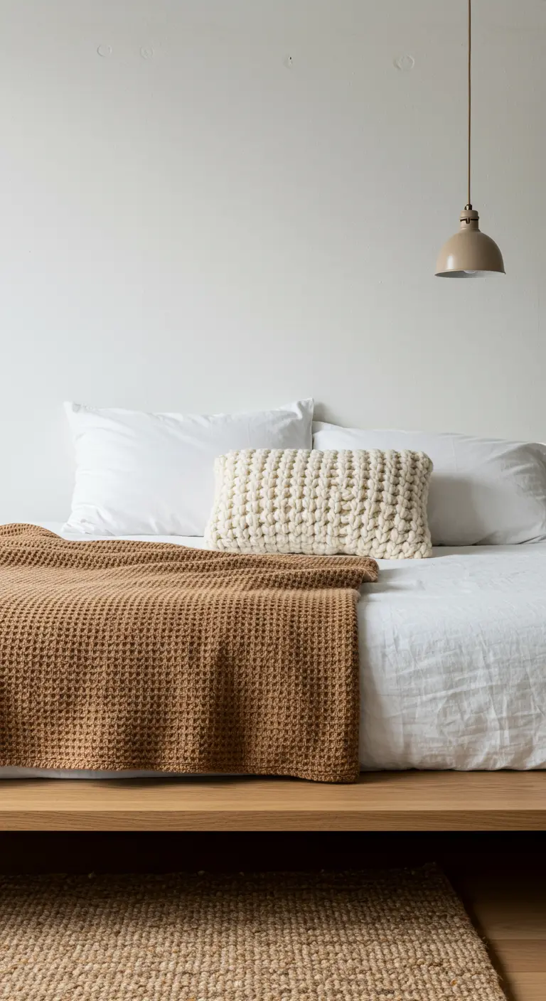 Cama minimalista con manta marrón tipo gofre y un cojín de punto grueso color crema.