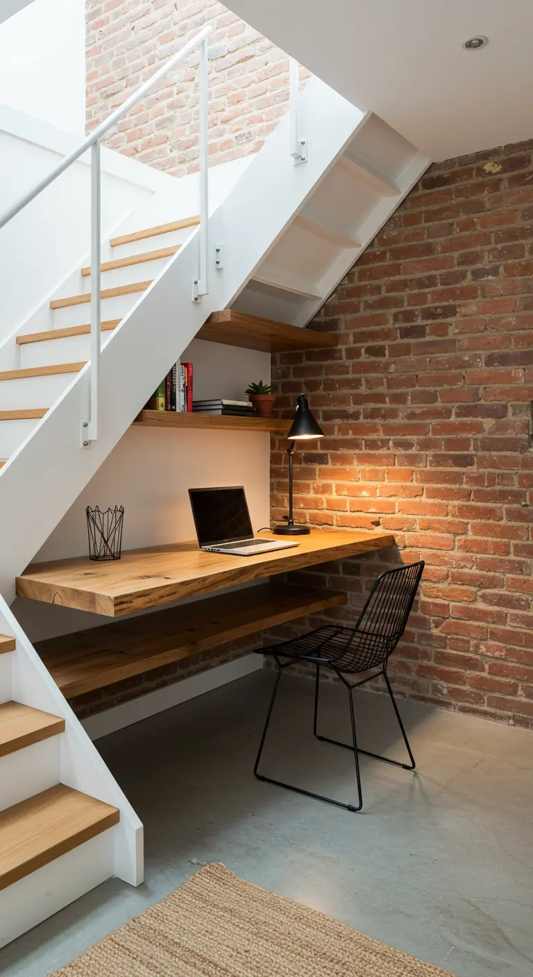 Oficina bajo escalera con pared de ladrillo, escritorio flotante de madera y silla metálica negra.