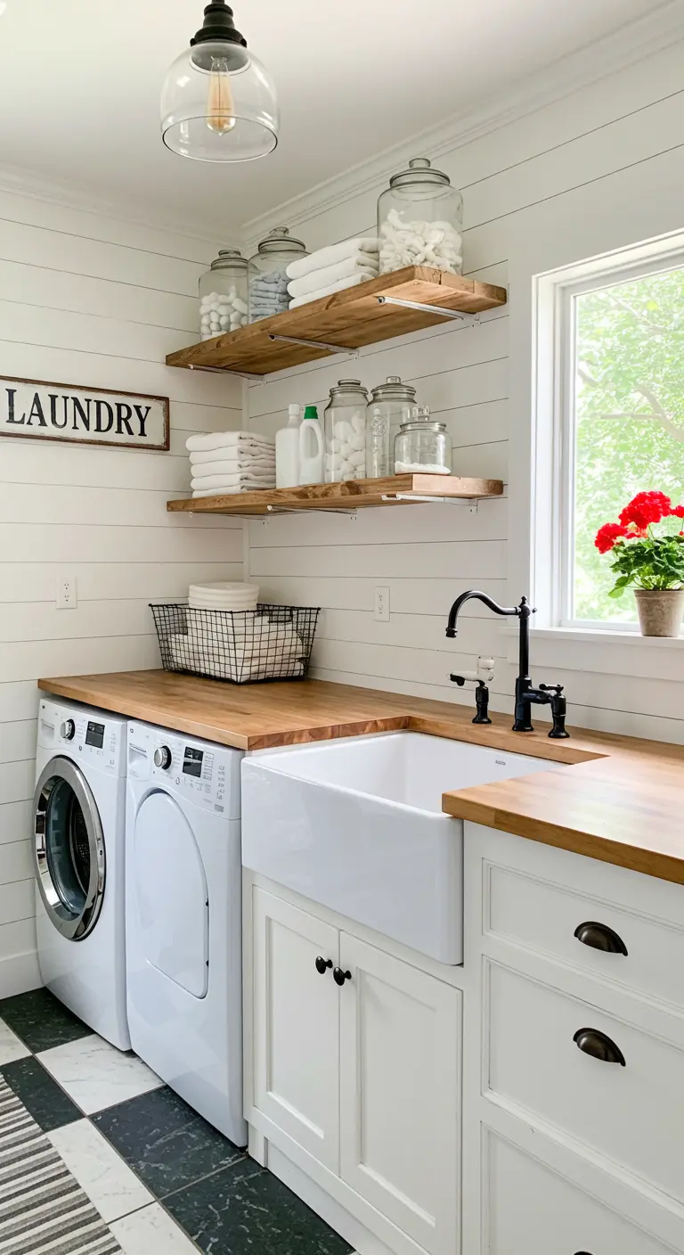 Lavandería rústica con paredes de shiplap blanco, estantes de madera y fregadero de granja.