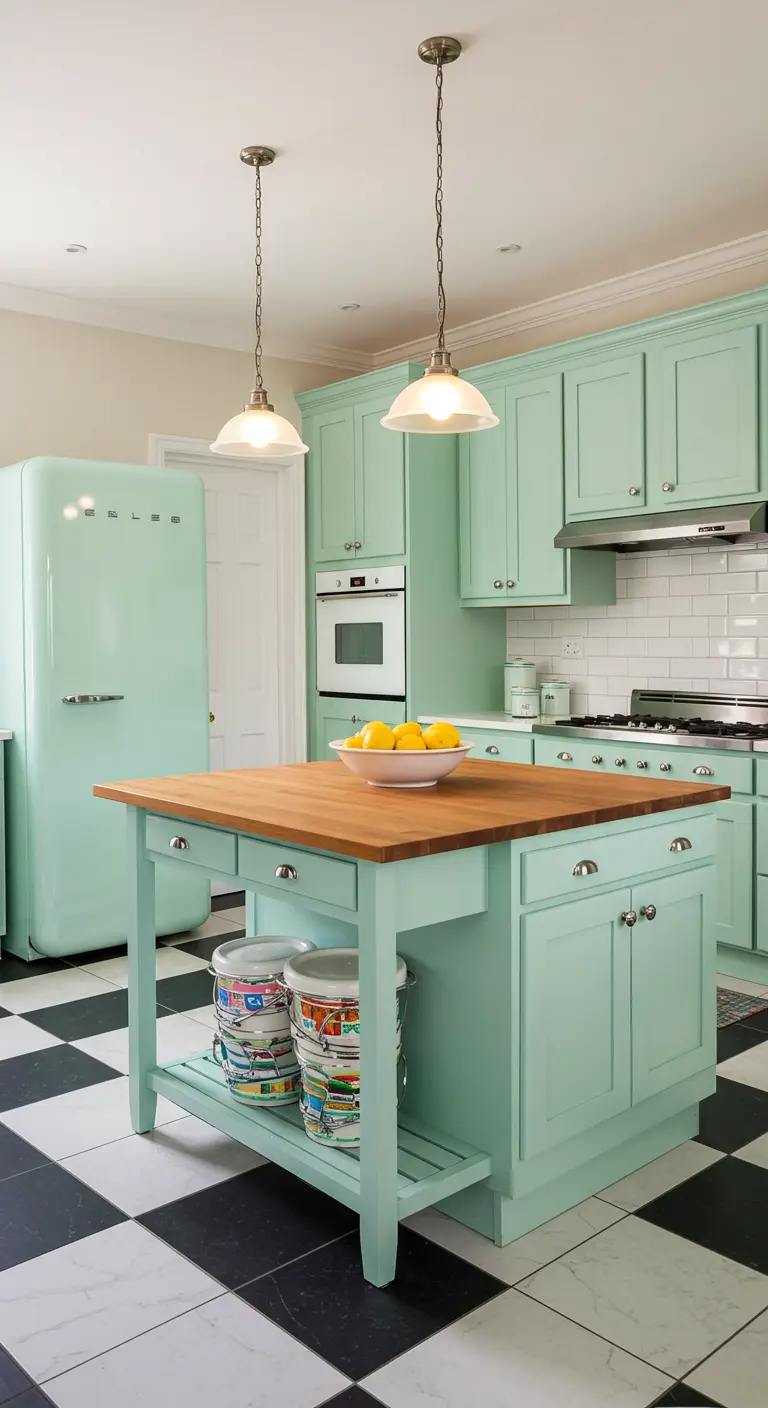 Cocina retro color menta con suelo de damero y frigorífico vintage a juego.