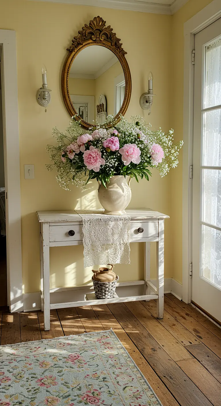 Recibidor cottage con consola blanca, espejo dorado ornamentado y un gran jarrón con peonías.