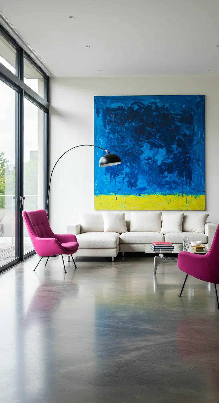 Sala minimalista con sofá blanco, cuadro abstracto azul y amarillo, y butacas fucsia.