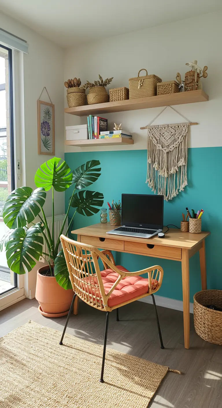 Rincón de trabajo luminoso con pared turquesa, escritorio de madera y silla de ratán.