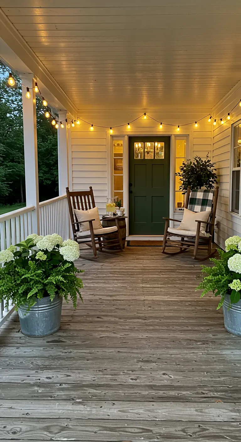 Porche de madera con mecedoras, guirnaldas de luces y hortensias en maceteros de metal.