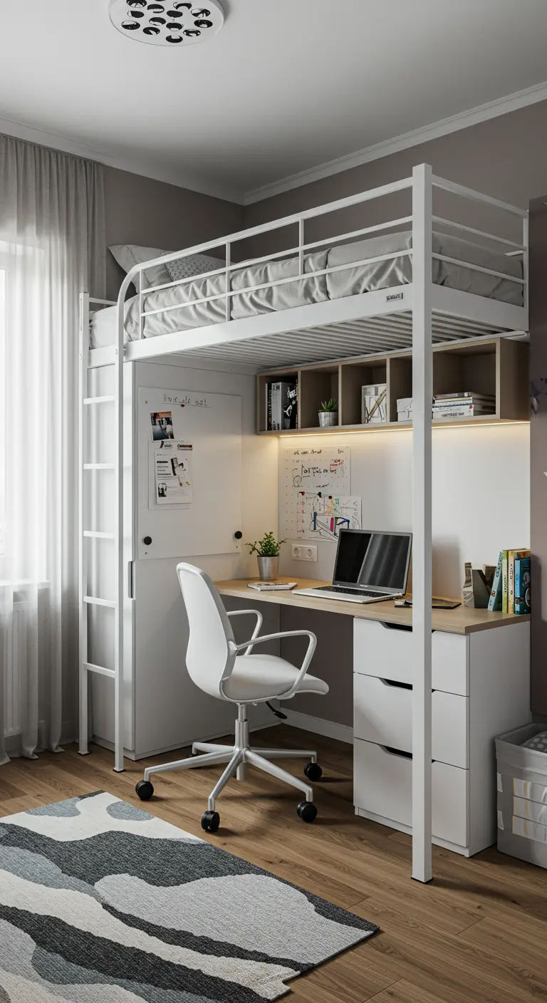 Cama alta de metal blanco con un completo espacio de trabajo y escritorio integrado debajo.