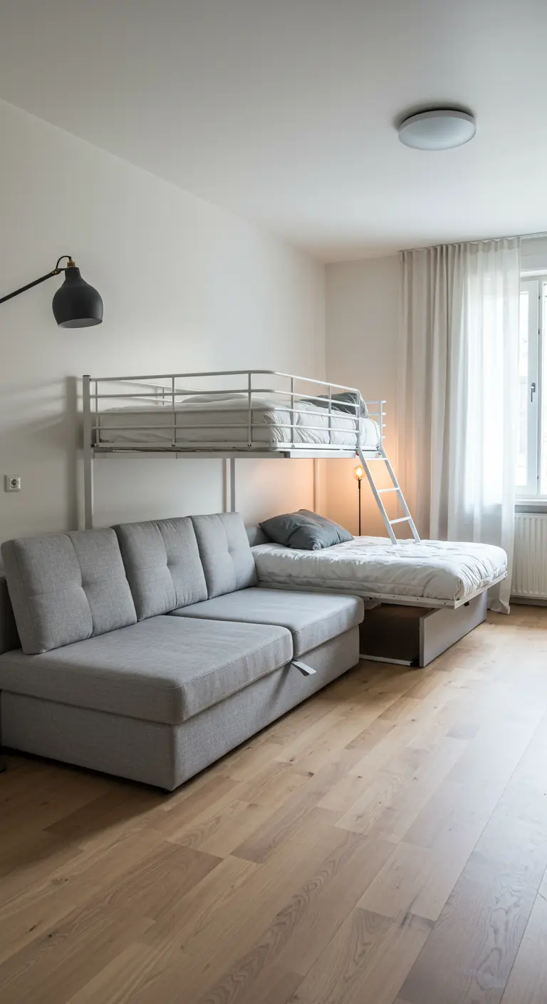 Litera metálica sobre un sofá cama gris en un estudio minimalista.