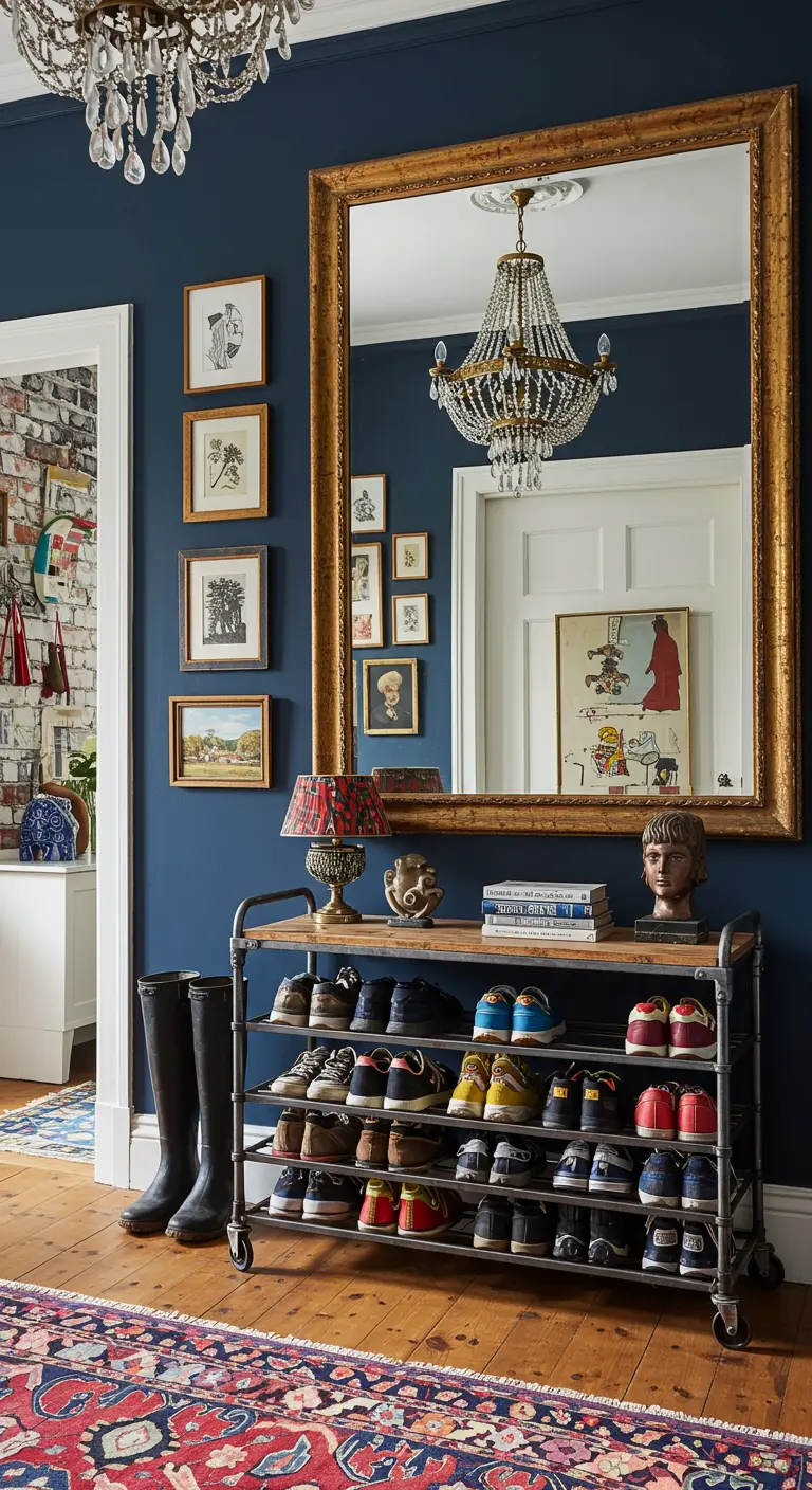 Recibidor ecléctico con pared azul, zapatero industrial con ruedas y una galería de cuadros.