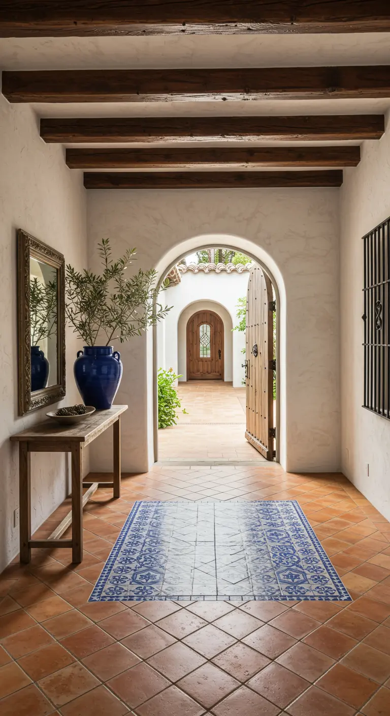 Recibidor de estilo mediterráneo con suelo de terracota y una alfombra de azulejos azules y blancos.