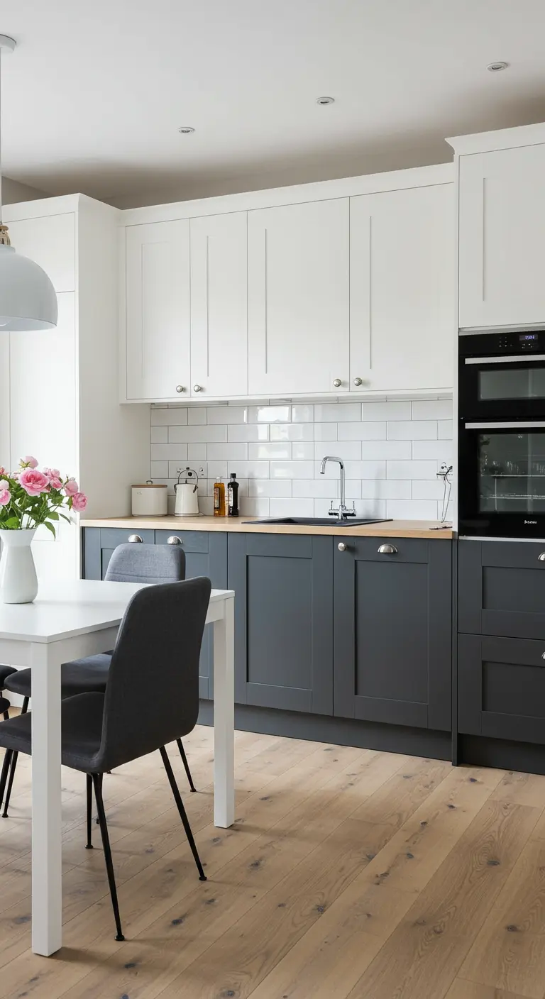 Cocina con gabinetes superiores blancos e inferiores grises, y comedor a juego.