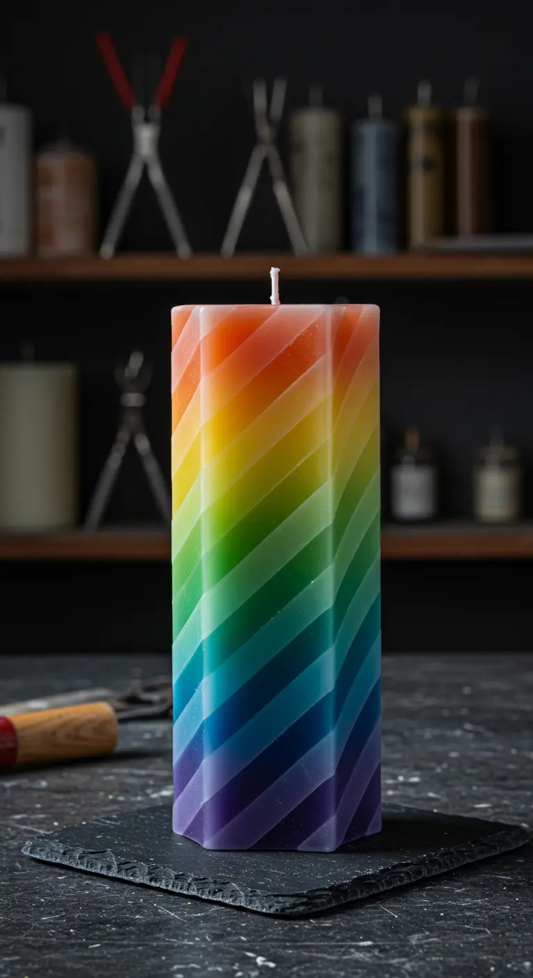 Vela alta rectangular con capas de colores del arcoíris en un patrón diagonal y texturizado.