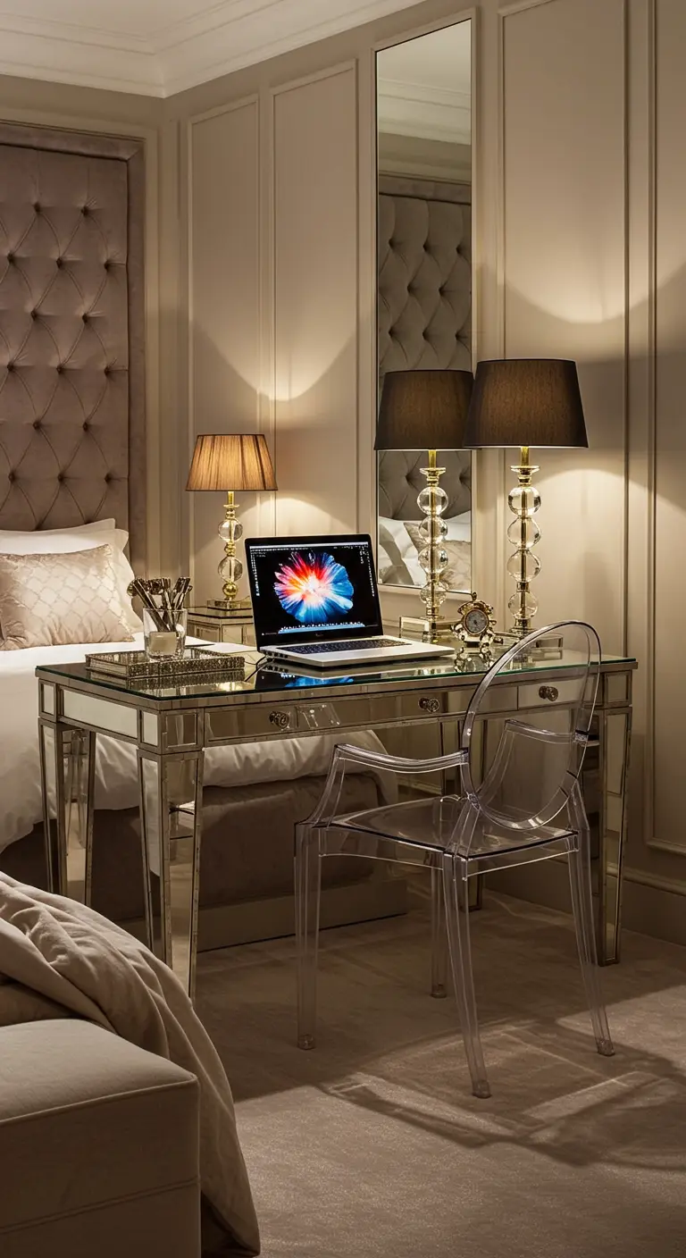 Escritorio de espejo y silla acrílica transparente en un dormitorio elegante y luminoso.