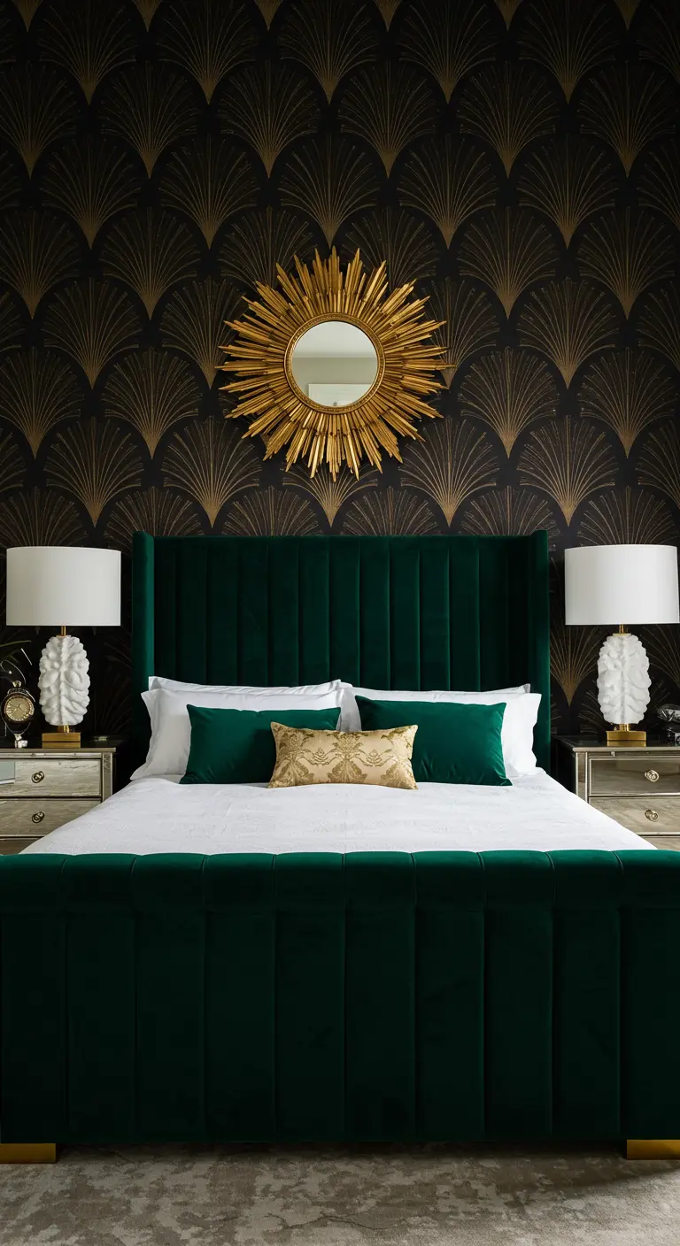 Dormitorio con pared de acento Art Decó en negro y dorado y un espejo sol sobre la cama.