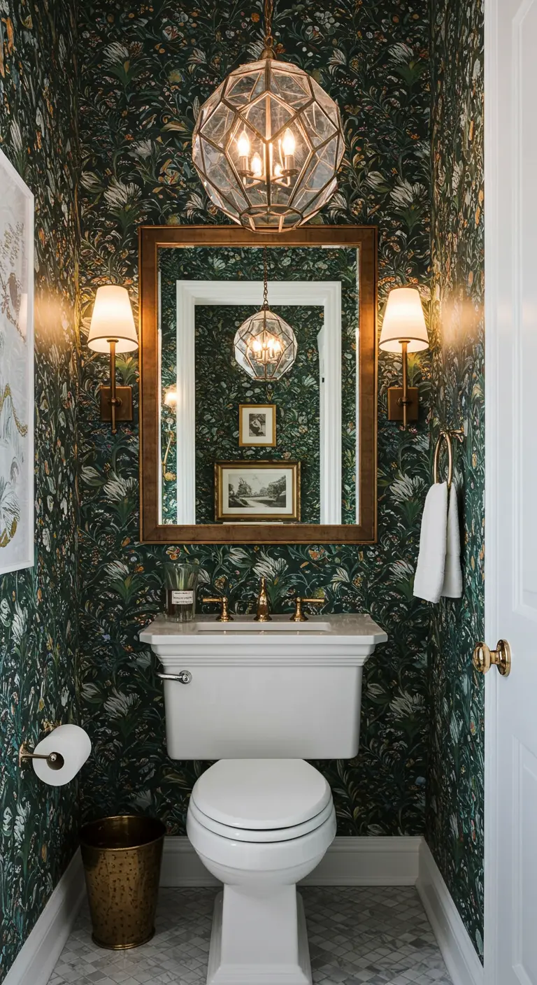 Baño de cortesía con papel pintado floral y una lámpara colgante geométrica