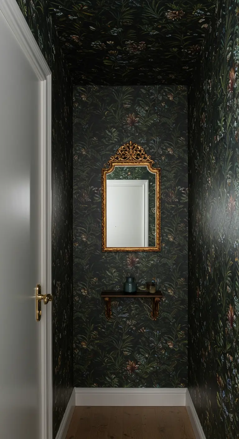 Pequeño recibidor totalmente cubierto con papel tapiz floral oscuro, creando un efecto envolvente.