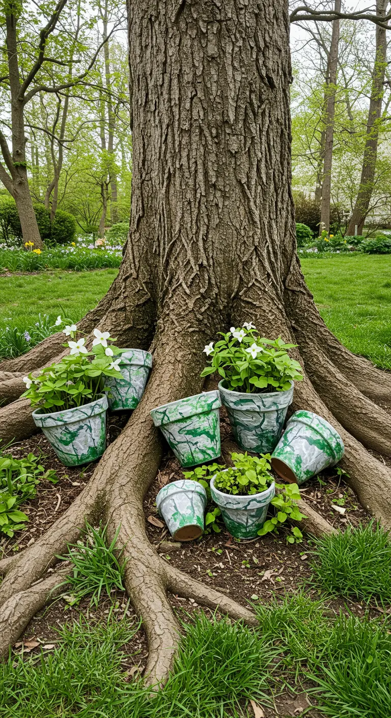 Macetas con un patrón de mármol verde y blanco agrupadas en las raíces de un árbol.