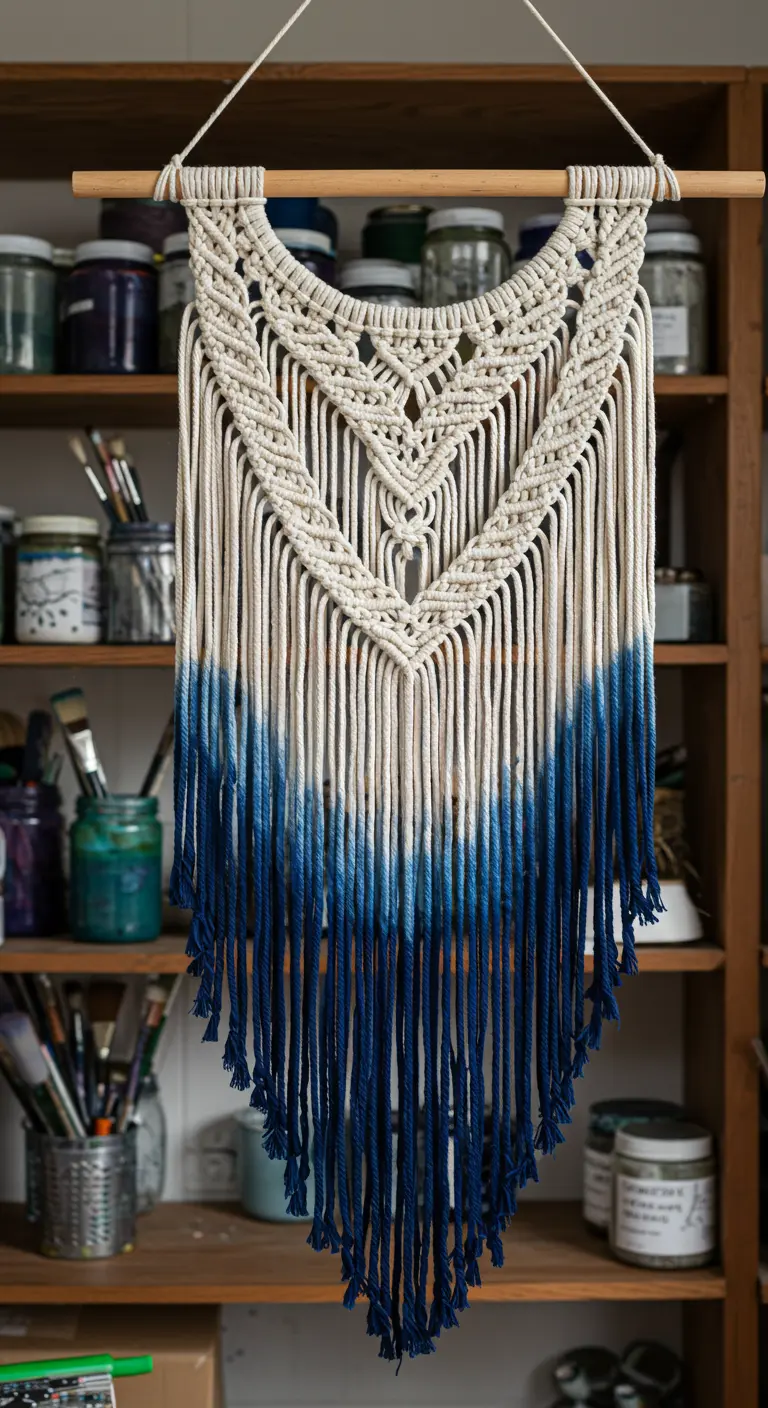 Tapiz de macramé en color crudo con las puntas teñidas en un degradado de azul intenso.