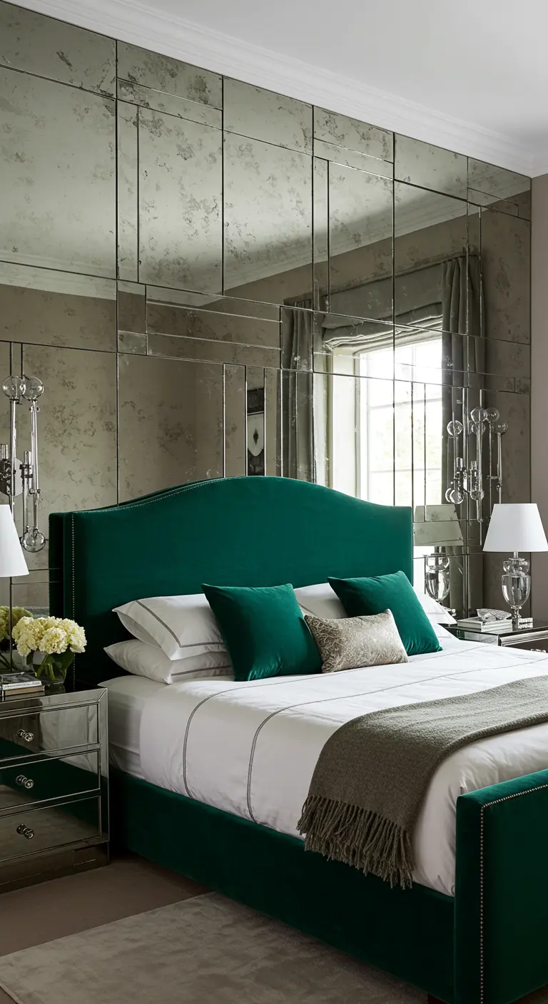 Pared de espejos envejecidos detrás de una cama con cabecero de terciopelo verde esmeralda.