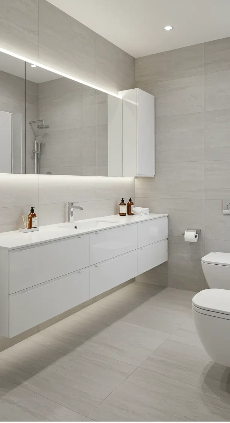 Baño minimalista con un largo mueble flotante blanco y luz LED inferior.