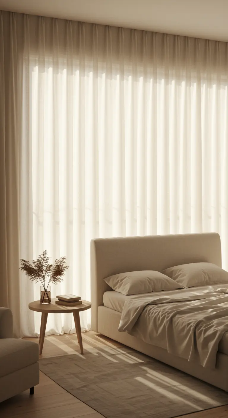 Cama en tonos neutros frente a una pared completa de cortinas blancas transparentes.