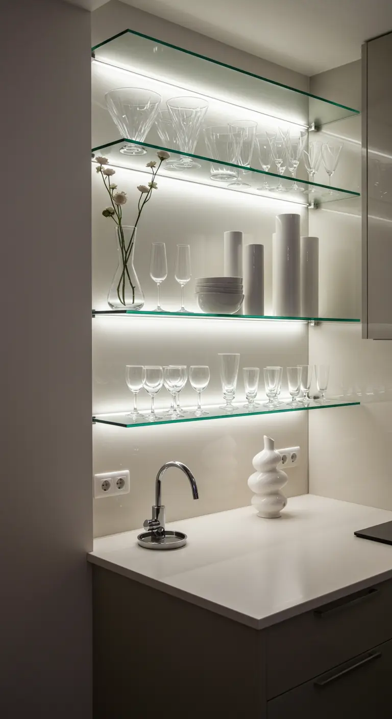 Estanterías de cristal con retroiluminación que exhiben copas y objetos de cerámica blanca.