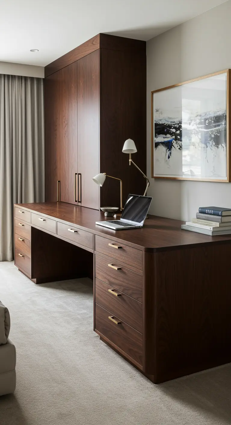 Gran escritorio de madera oscura con múltiples cajones en un dormitorio espacioso y moderno.