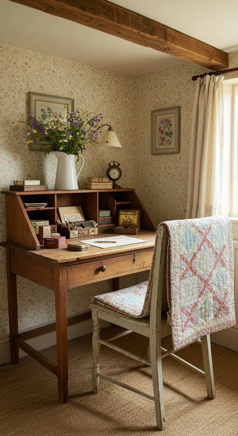 Escritorio de pino con una silla cubierta por una colcha de patchwork y papel floral en la pared.