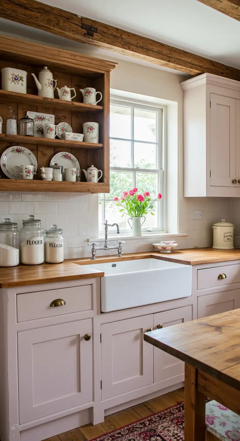 Cocina de estilo cottage con gabinetes en rosa pálido, encimeras de madera y vajilla floral expuesta.