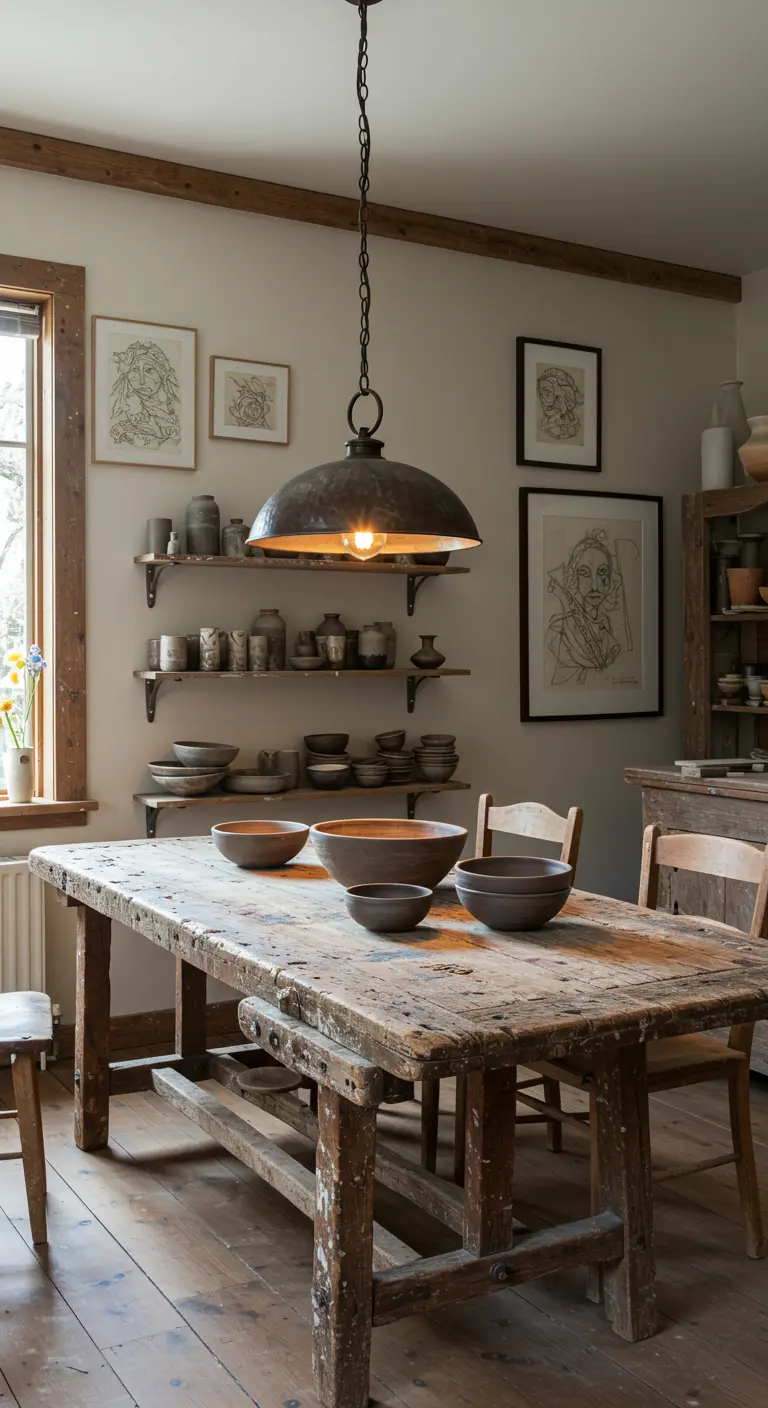 Comedor rústico con una mesa de trabajo muy envejecida, estantes con cerámica y lámpara de cúpula
