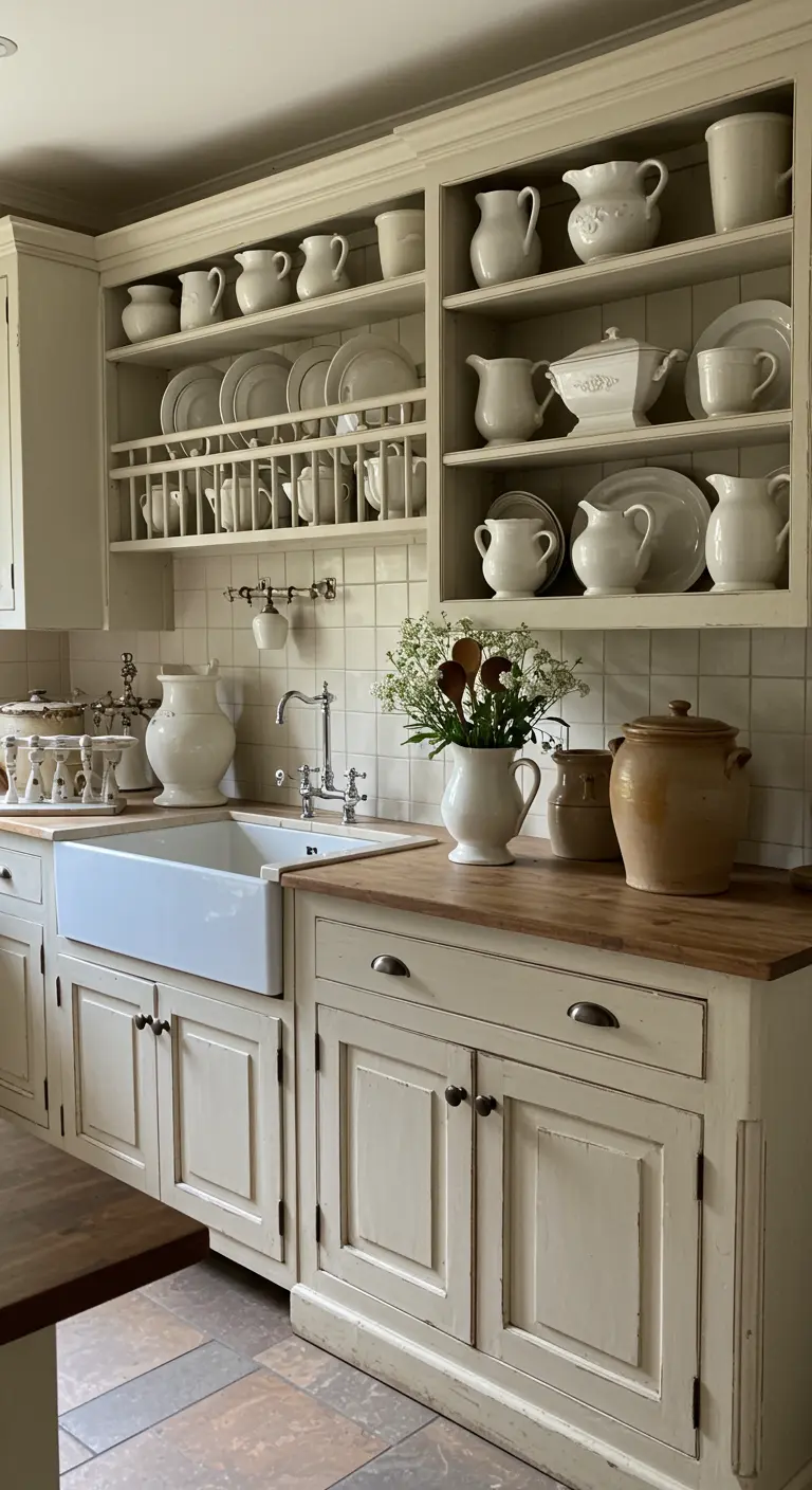 Cocina de estilo campestre con muebles color crema y vajilla de cerámica blanca.