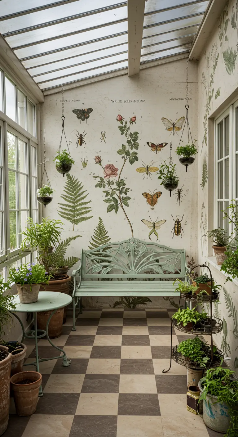 Porche acristalado con un mural de ilustraciones botánicas vintage y muebles de jardín clásicos.