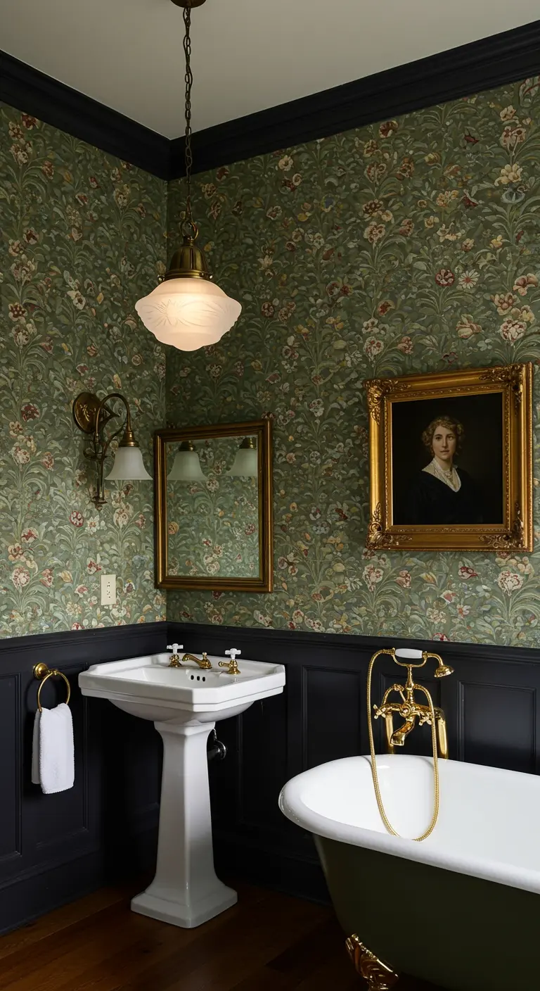 Baño clásico con papel pintado floral y una lámpara colgante de estilo vintage