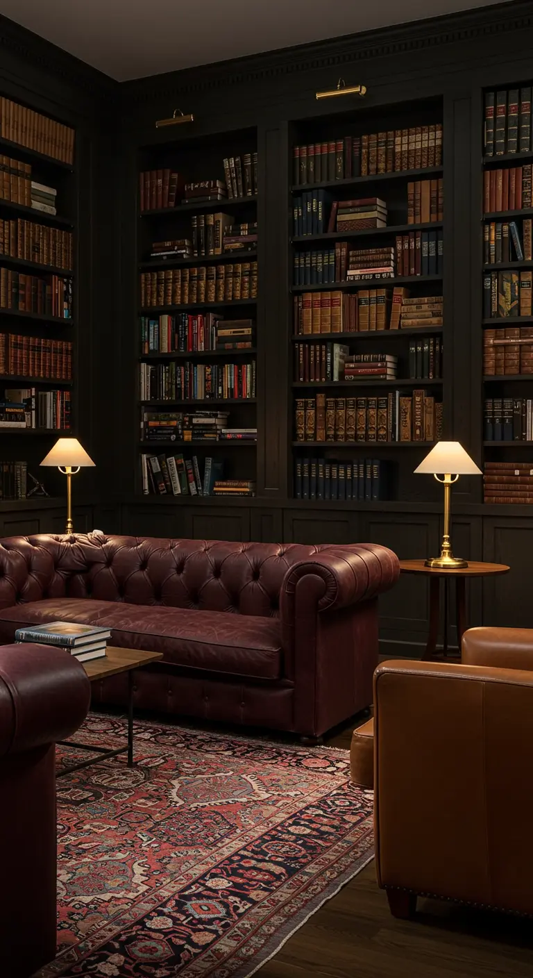 Biblioteca clásica con un sofá Chesterfield de cuero marrón, estanterías oscuras y alfombra persa.