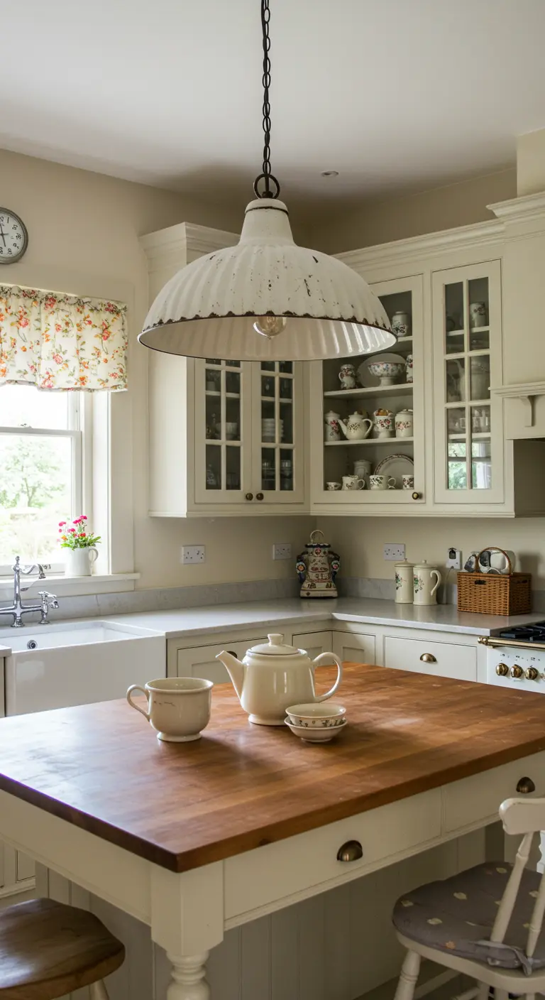 Cocina de estilo cottage con una gran lámpara colgante de metal blanco envejecido sobre la isla.