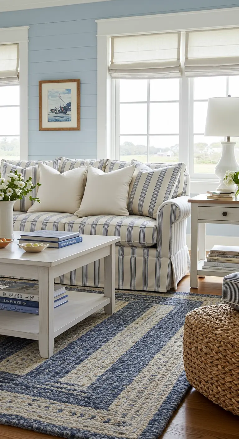 Sala de estar estilo cottage con sofá de rayas, paredes azules y alfombra trenzada