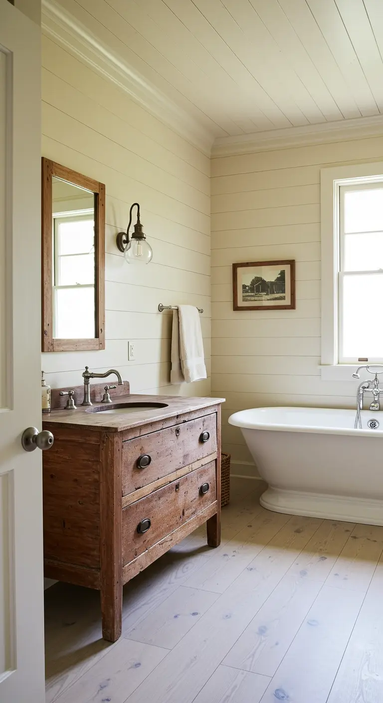Baño estilo farmhouse con paredes de lamas de madera, mueble antiguo y bañera clásica