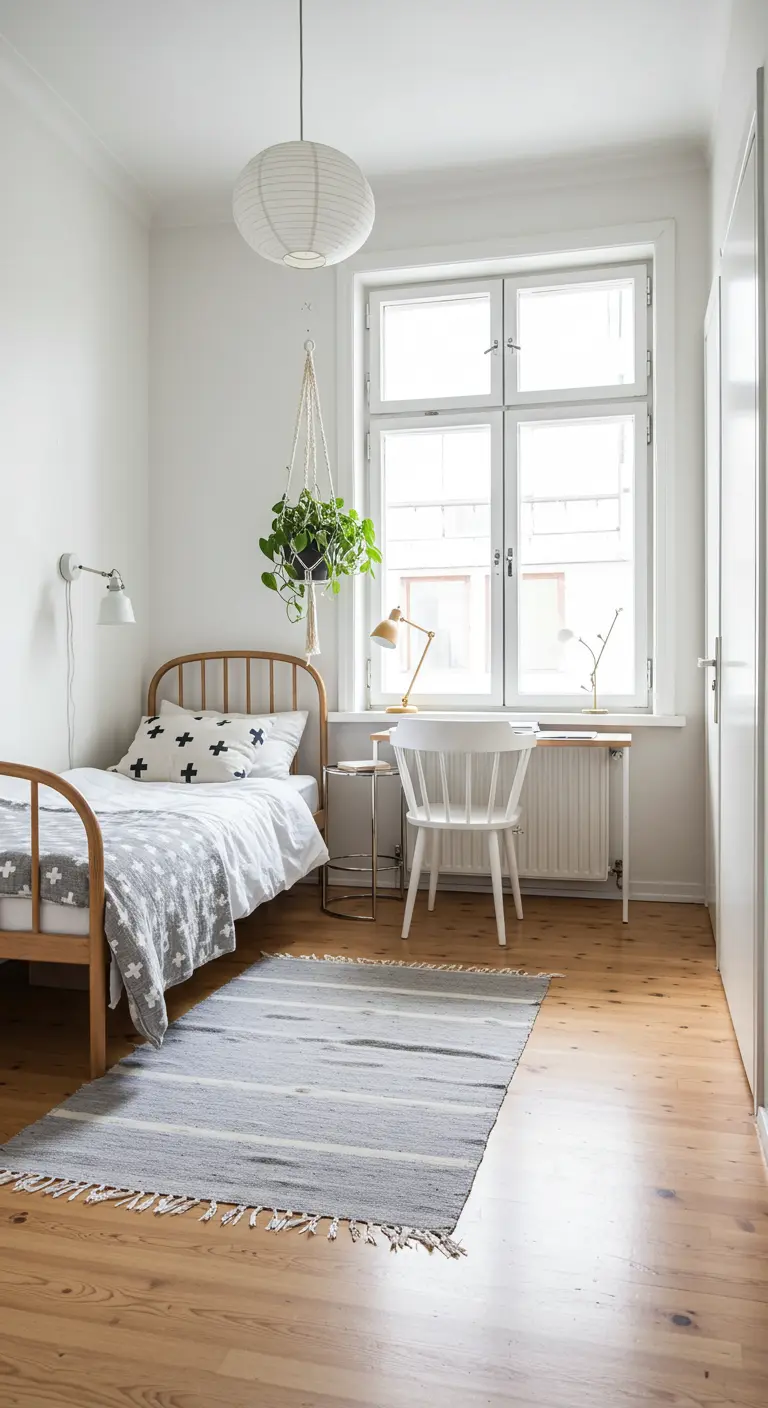 Habitación escandinava clásica con cama de madera, paredes blancas y una planta colgante.