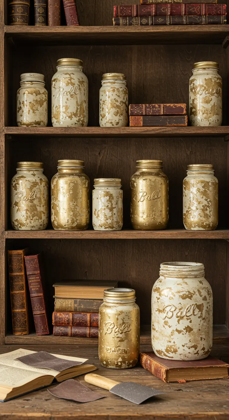 Frascos de diferentes tamaños con un acabado de pintura dorada envejecida, en una estantería de madera.