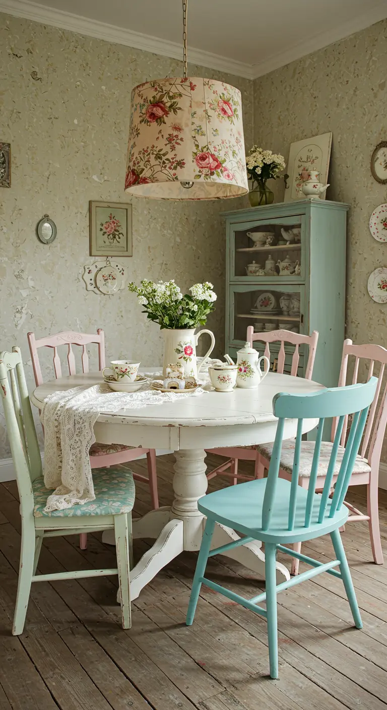 Comedor Shabby Chic con mesa blanca desgastada, sillas de colores pastel y lámpara floral.