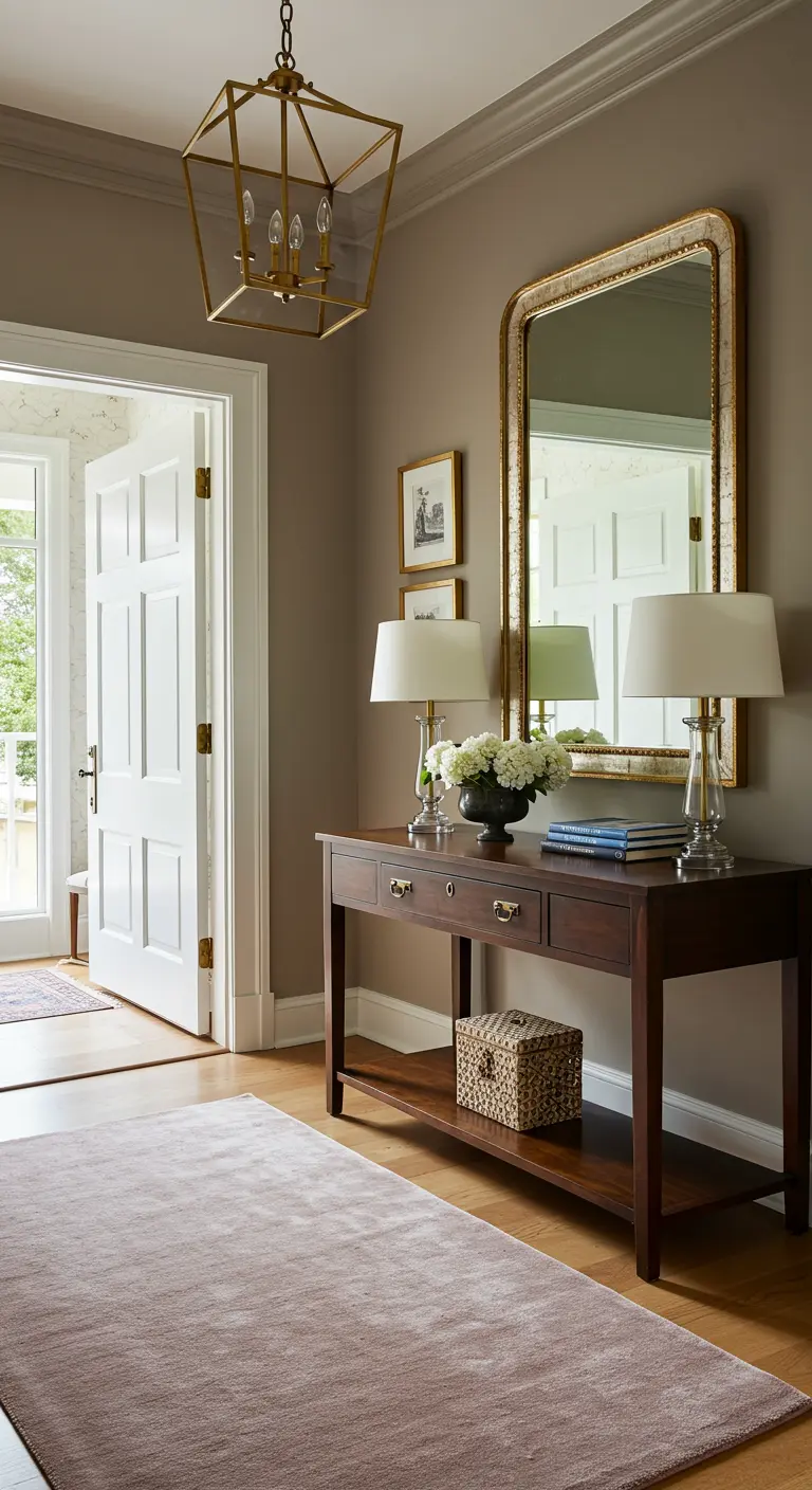 Recibidor clásico con paredes en tono topo, consola de madera oscura y un gran espejo dorado.