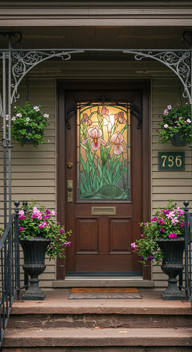 Puerta de madera oscura con vidriera floral, flanqueada por maceteros de hierro forjado.