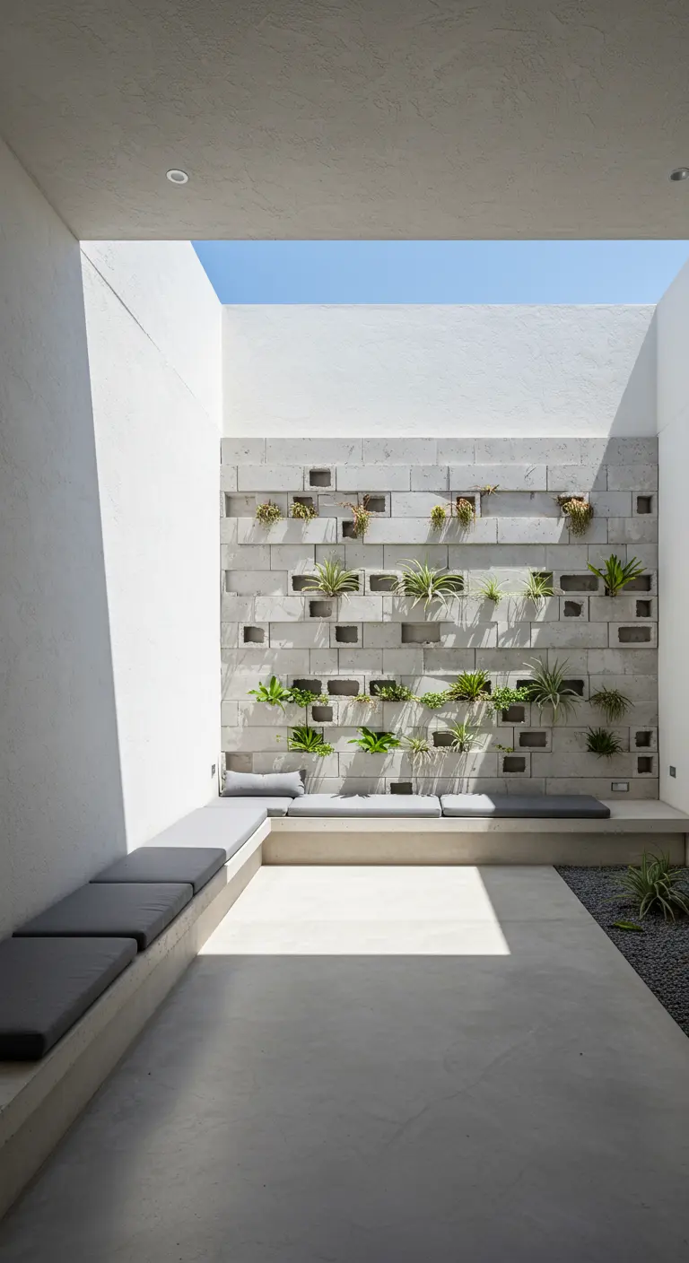 Patio interior minimalista con un muro de bloques de hormigón usado como jardinera vertical.