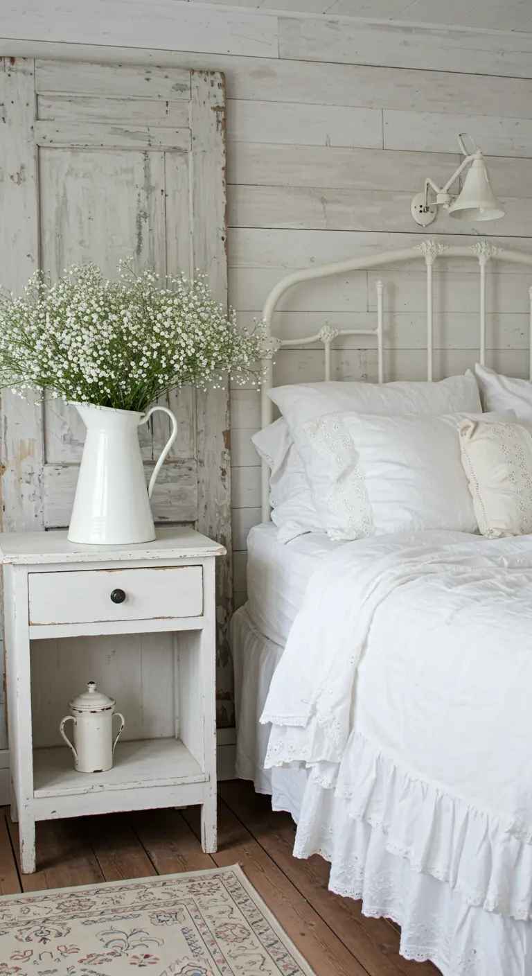 Rincón de dormitorio de estilo rústico con cabecero de forja, mesita decapada y flores blancas.