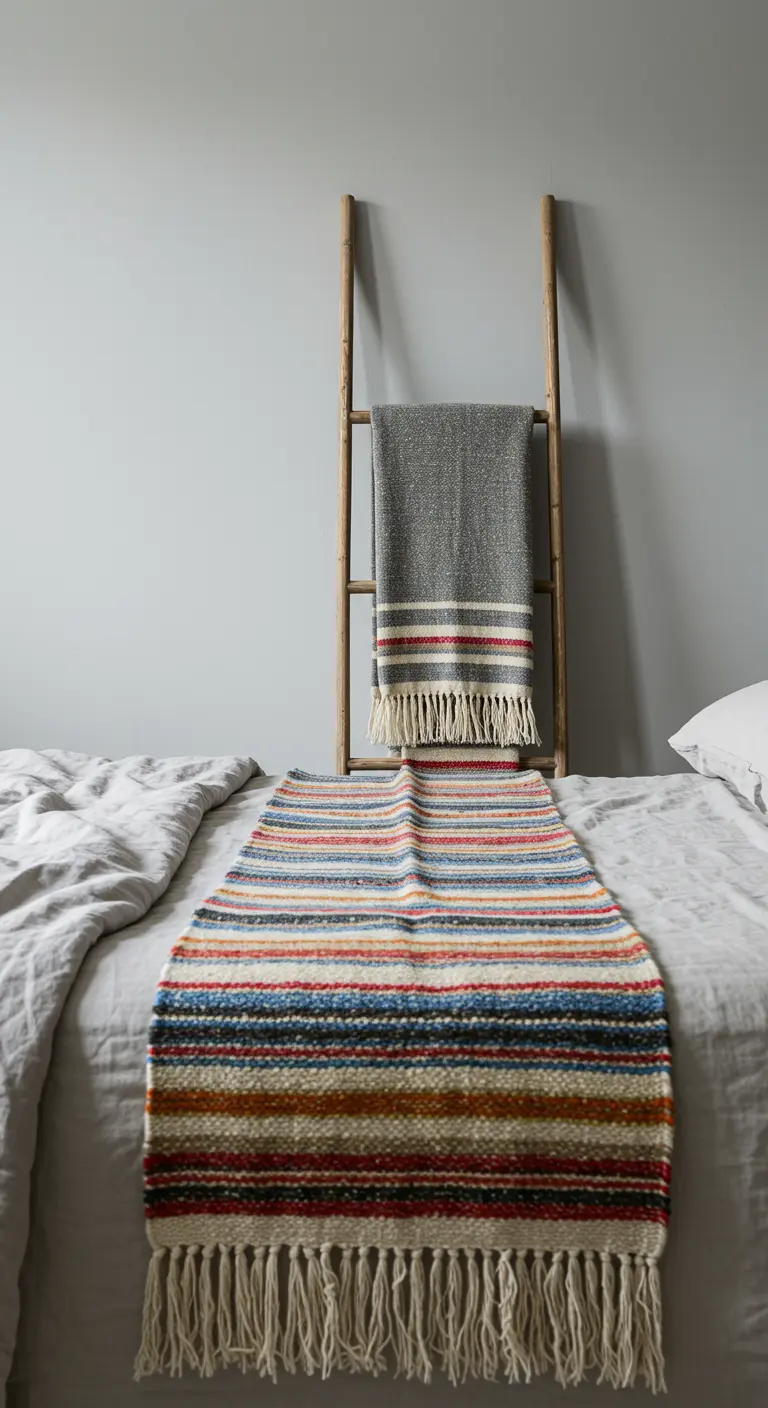 Una escalera de madera apoyada en la pared se usa para colgar un tapiz gris y rayas.