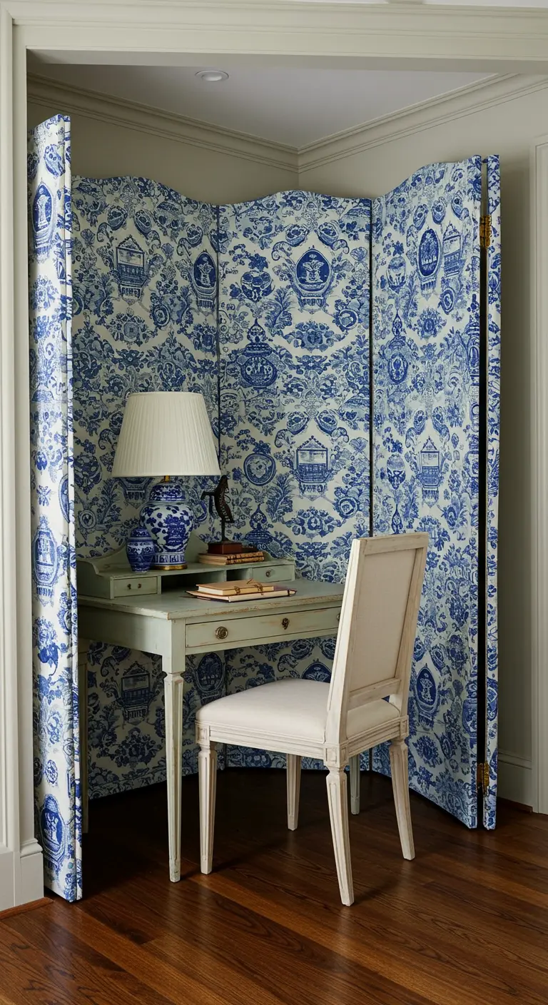 Oficina envuelta en un biombo tapizado con tela Toile de Jouy en azul y blanco.