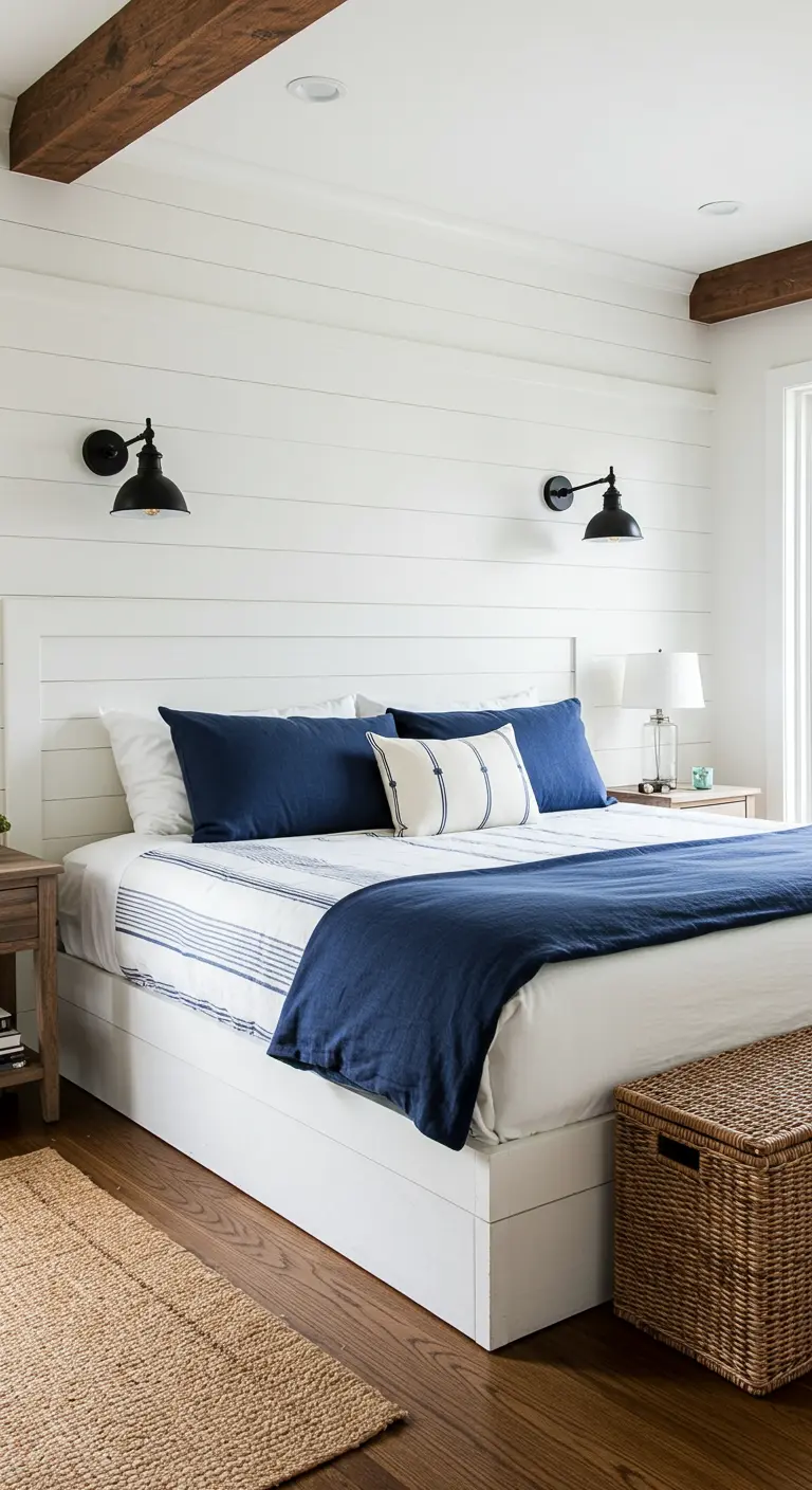 Cabecero alto de lamas de madera blancas (shiplap) con una pequeña repisa superior, en un dormitorio costero