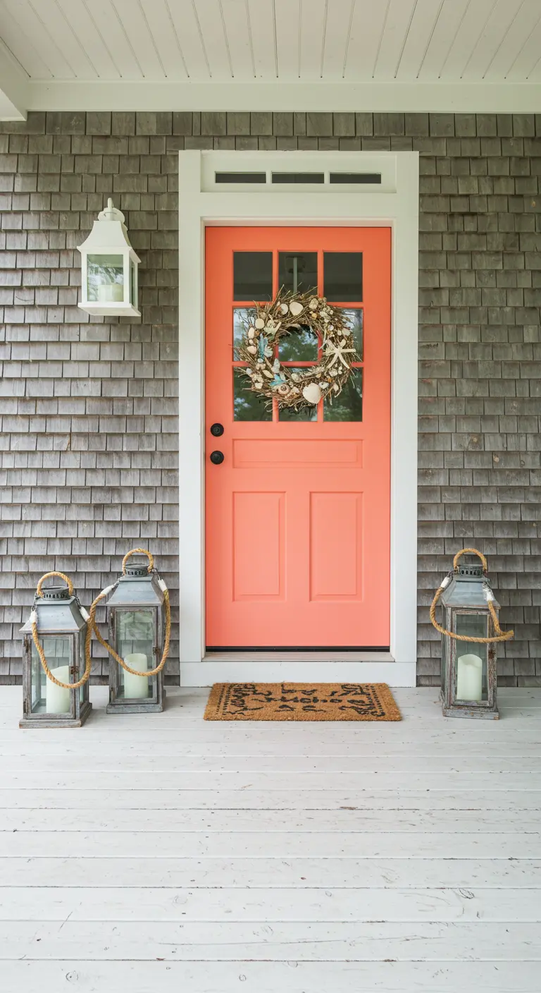 Puerta de color coral con una corona de conchas en una casa con fachada de tejas de madera