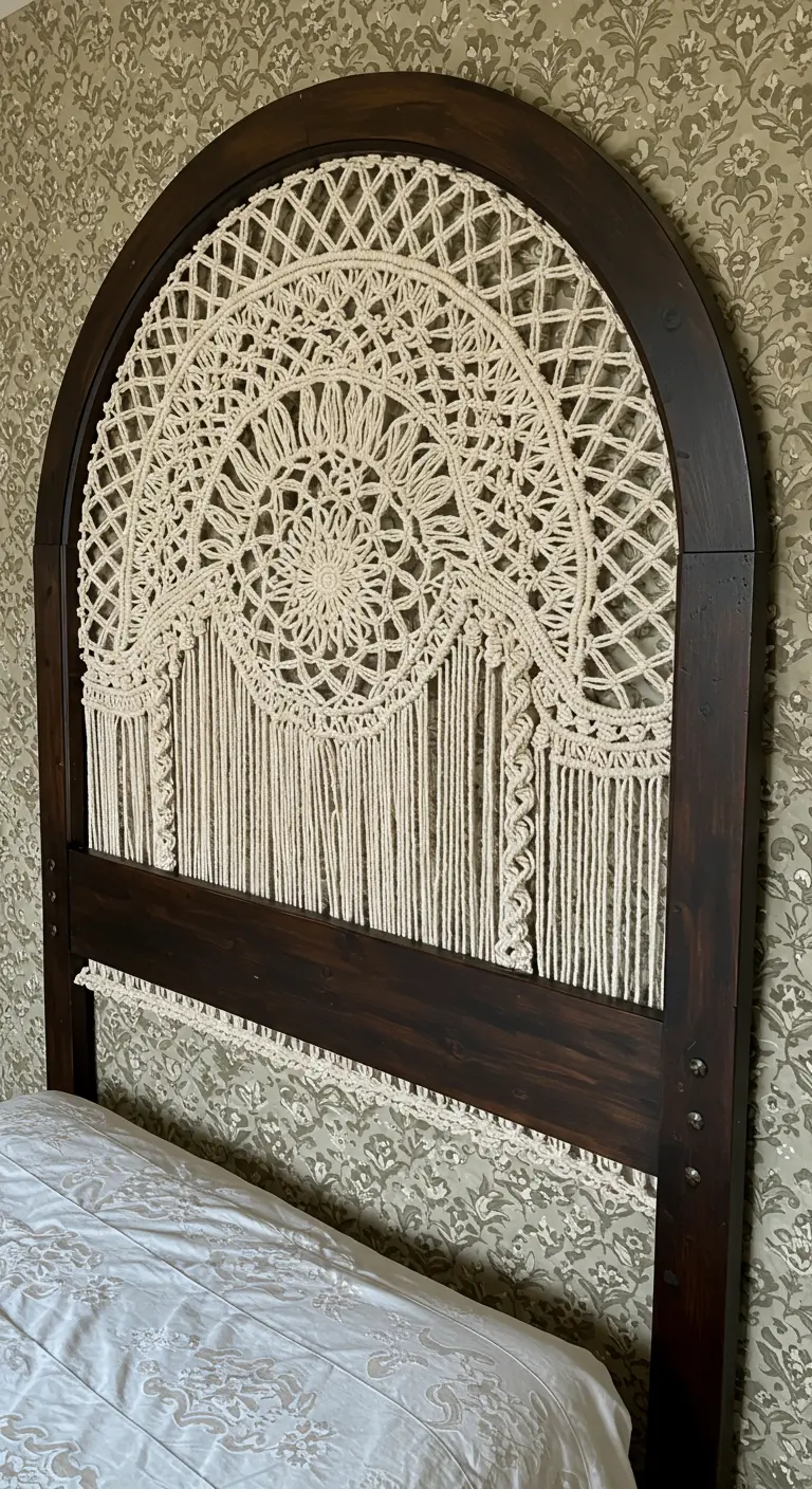 Diseño de macramé circular dentro de un cabecero de madera oscura con forma de arco.
