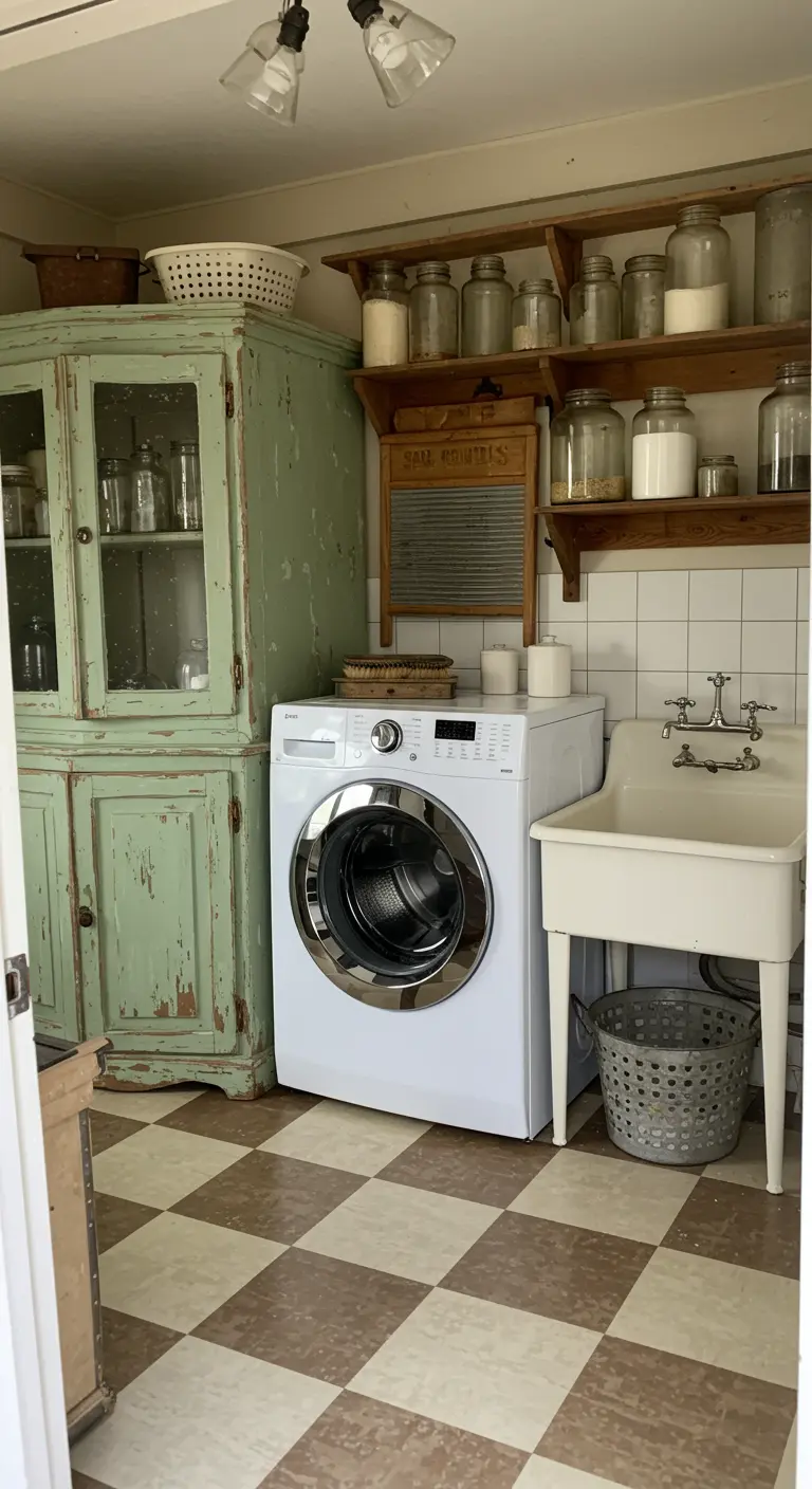 Lavandería rústica con un armario de vitrina verde menta envejecido y frascos de vidrio.