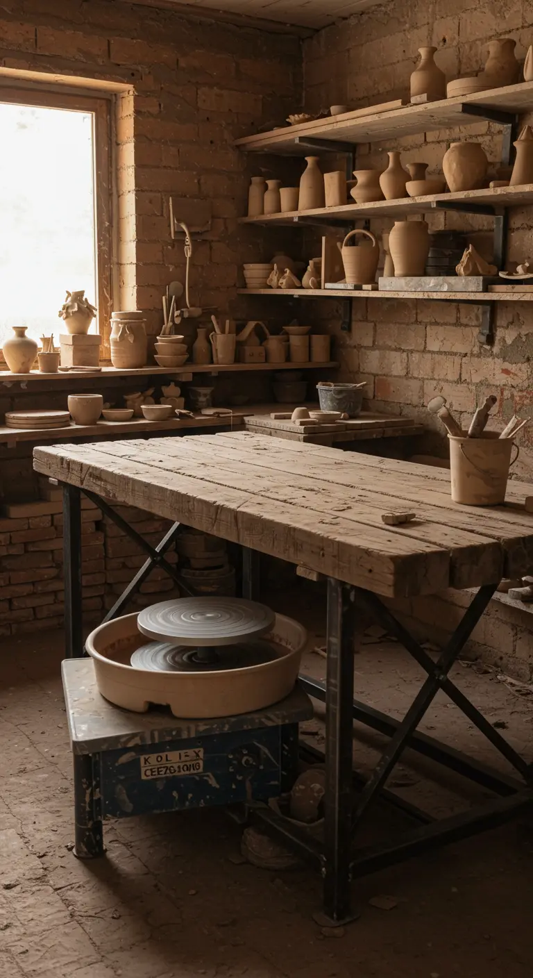 Taller de cerámica rústico con paredes de ladrillo, mesa de trabajo de madera y estantes con piezas de arcilla.