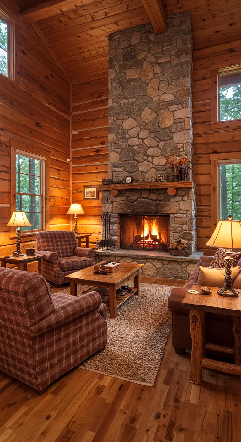 Interior de una cabaña de madera con chimenea de piedra y sillones de cuadros escoceses.
